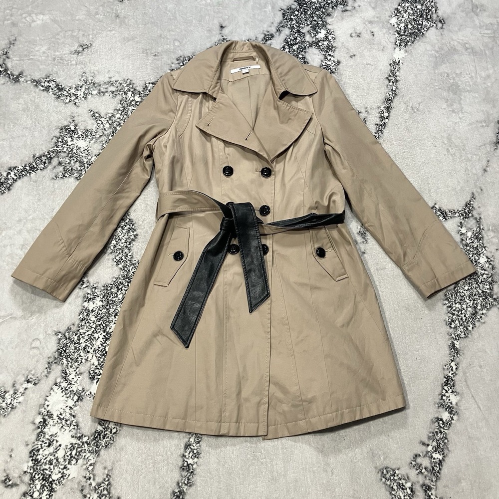 DKNY Trench‎ Coat Womens Size Large Tan Belted Double Breasted Lightweight